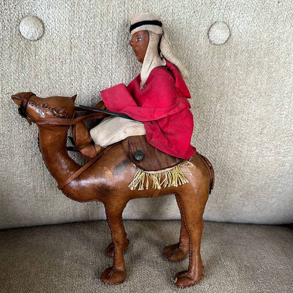 VINTAGE Hand-stitched, Handmade Leather Camel and Rider Figurine 10”
